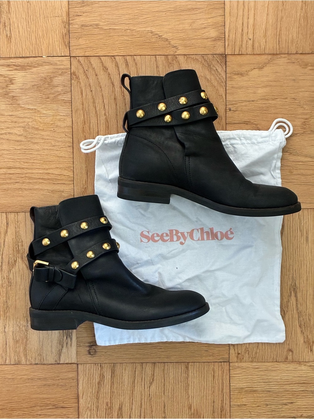 See by Chloé Janis Black Leather Studded Buckle Ankle Moto Boots
